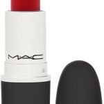 Red MAC lipstick with open cap, showing vibrant colour and sleek black packaging for bold makeup looks
