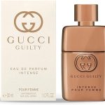 Gucci Guilty Intense Pour Femme Eau de Parfum 30ml bottle and box packaging with gold design