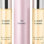 Chanel Chance Eau de Toilette perfume set with two refill bottles and a central pink spray bottle