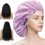 Woman wearing a lavender silk bonnet with images of two styles of long, curly and braided hair extensions displayed
