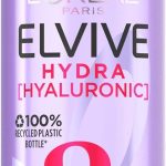 L'Oréal Elvive Hydra Hyaluronic Moisture Plump Serum for hair hydration in a purple bottle with 100% recycled plastic