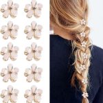 Floral hair clips styled in a braid, with gold and pink petals, shown in a set of 10 flower-shaped accessories