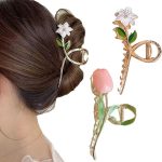 Elegant floral hair clips in a brunette bun, featuring lily and pink tulip designs with gold and green accents