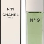 Chanel No. 19 Eau de Toilette with green fragrance in clear bottle and matching branded box displayed together