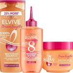 L'Oreal Elvive Dream Lengths shampoo, conditioner, and mask for restoring long, damaged hair with vegetal keratin