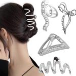 Woman with bun wearing silver hair clip, surrounded by various metallic hair claw designs
