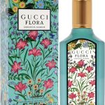 Gucci Flora Gorgeous Jasmine perfume with vibrant floral packaging and elegant turquoise bottle design