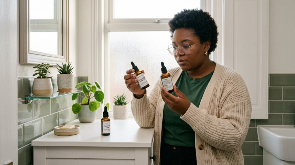 woman holds two bottles of skincare products, showcasing her selection for a skincare routine
