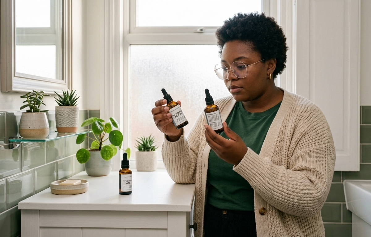 woman holds two bottles of skincare products, showcasing her selection for a skincare routine