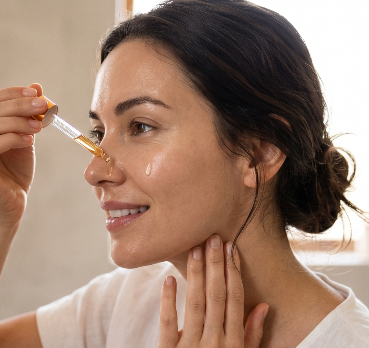 Woman applying facial serum with dropper