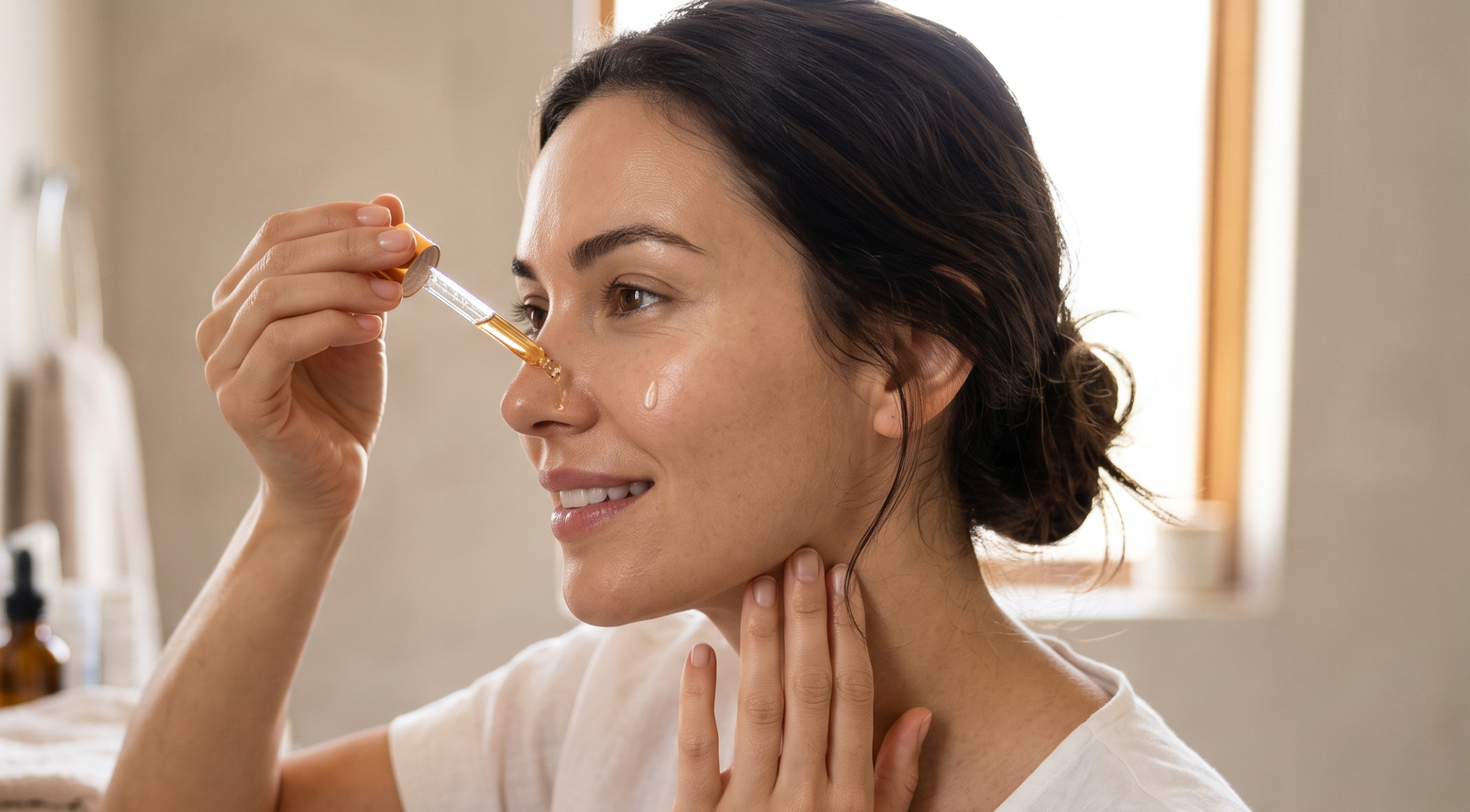 Woman applying facial serum with dropper