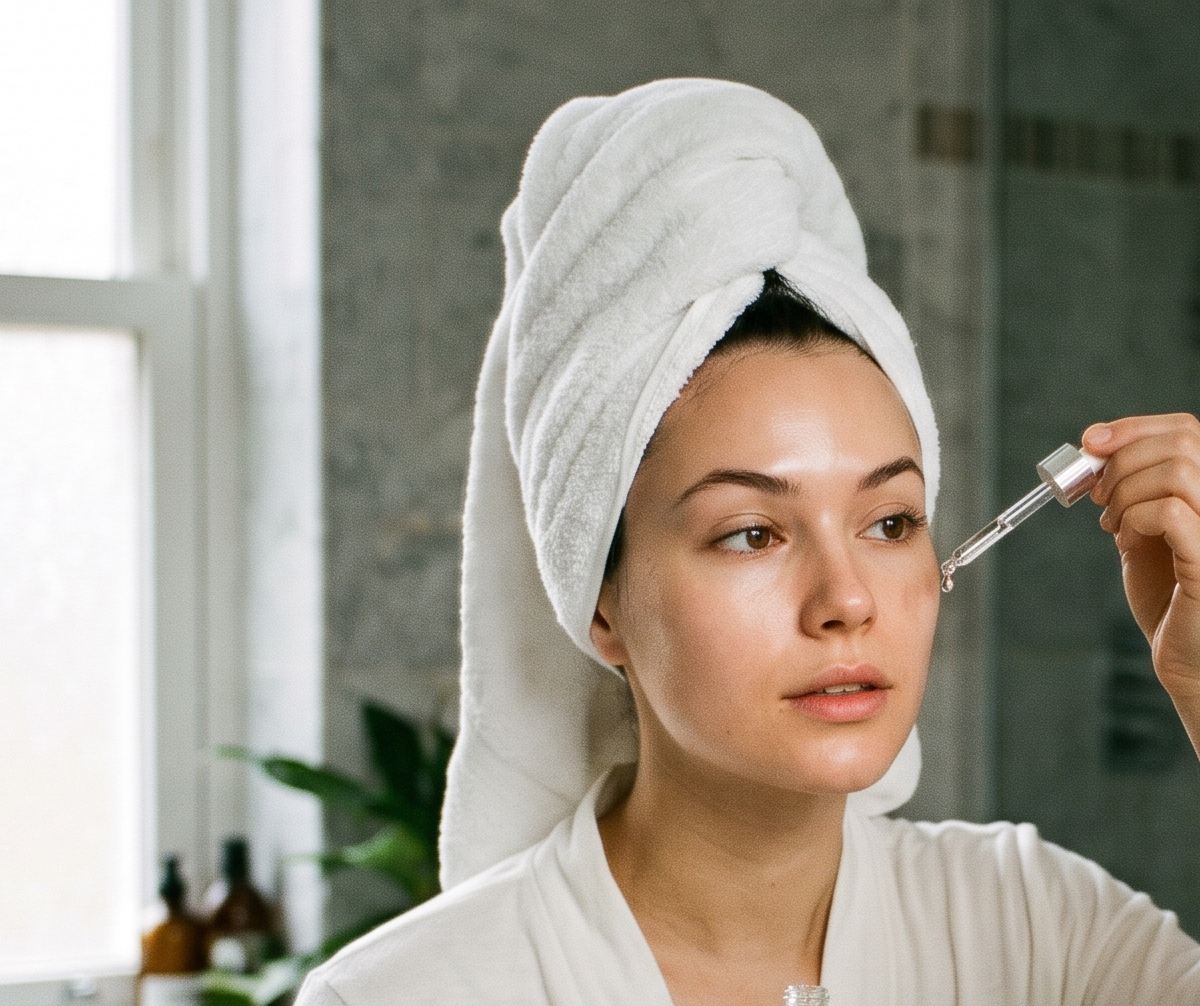 Woman with towel turban applying skincare serum