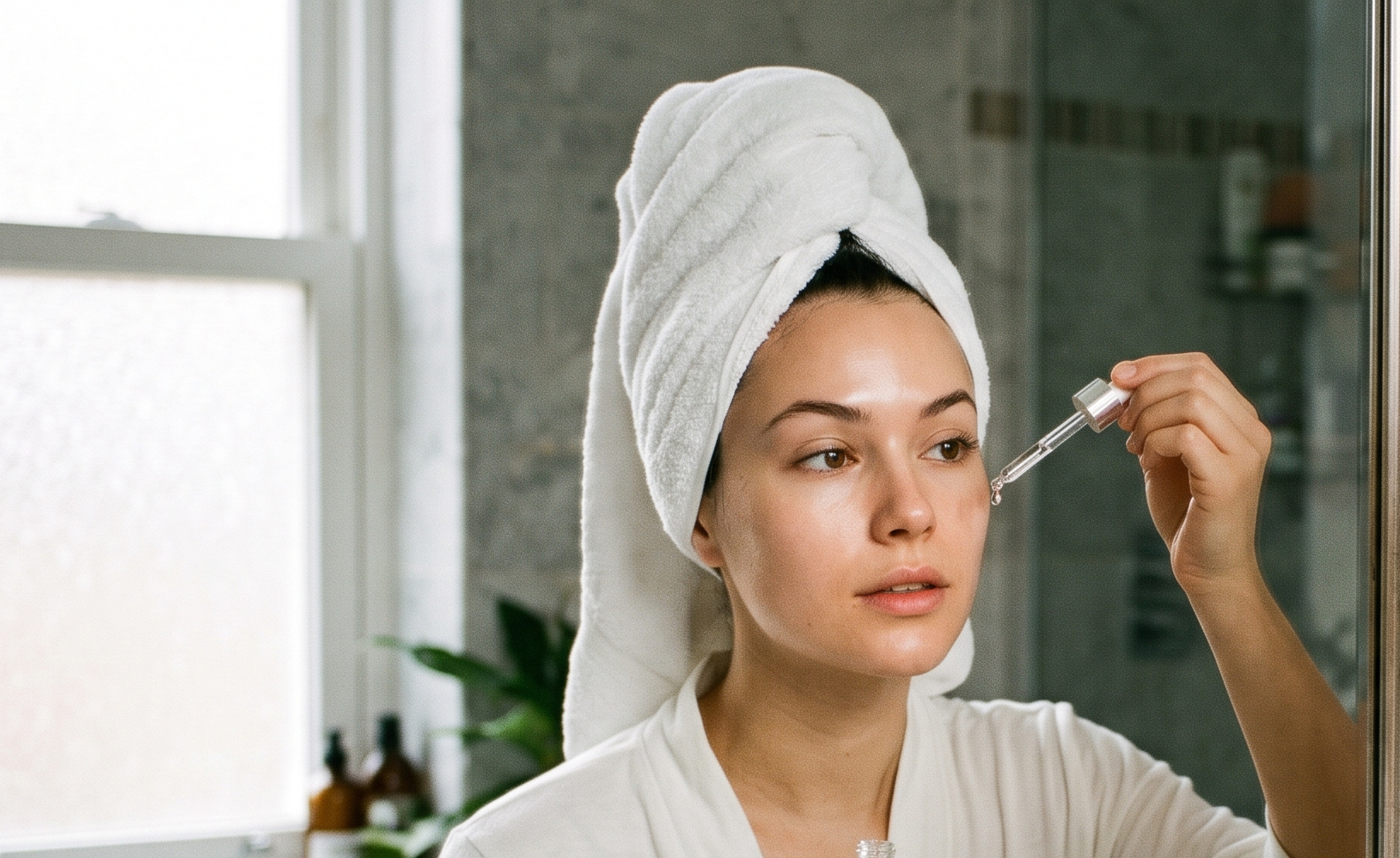 Woman with towel turban applying skincare serum