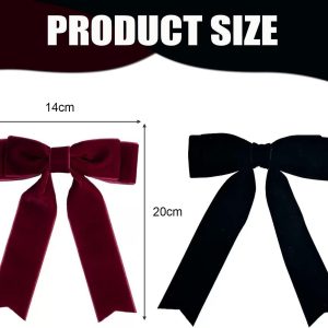 Two velvet hair bows in burgundy and black with dimensions of 14cm and 20cm displayed under product size text