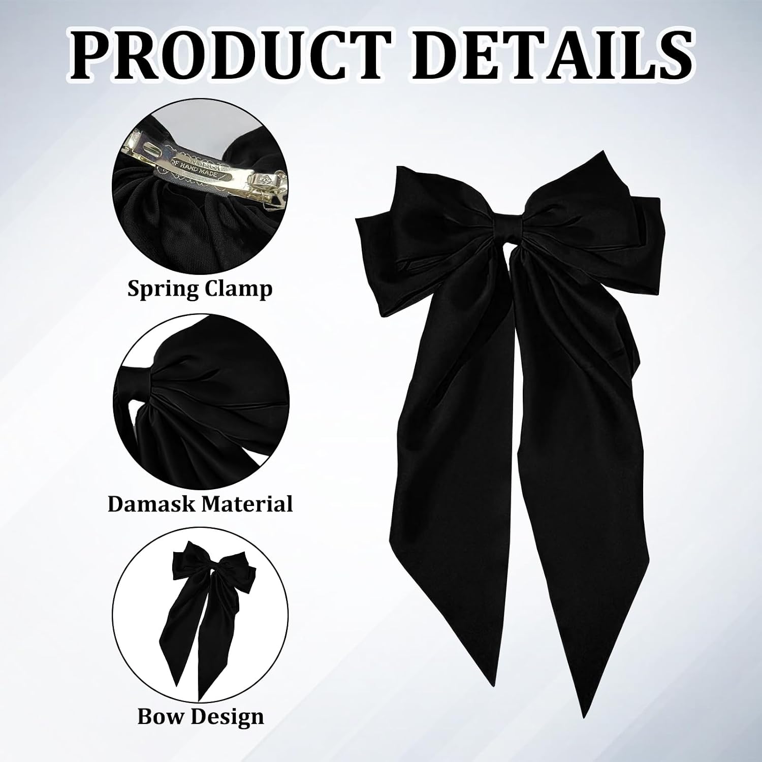 Black damask bow with spring clamp for hair, featuring elegant design and durable material details