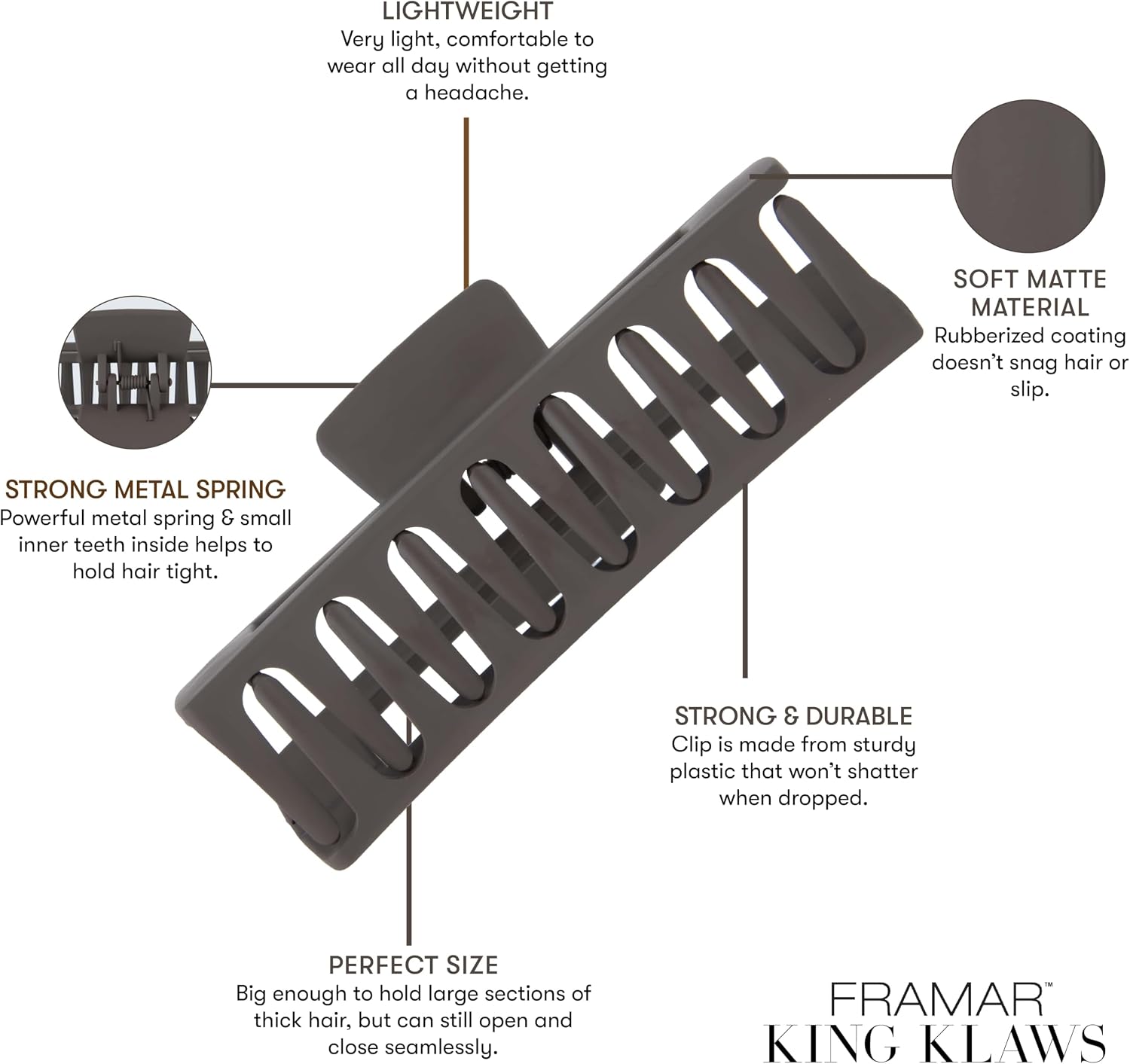 Sturdy hair clip with strong metal spring, soft matte finish, and lightweight design for all-day comfort and secure hold