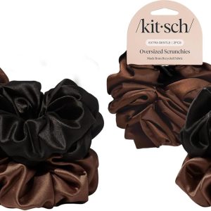 Two sets of oversized Kitsch scrunchies, black and brown, made from recycled fabric, extra gentle hair ties