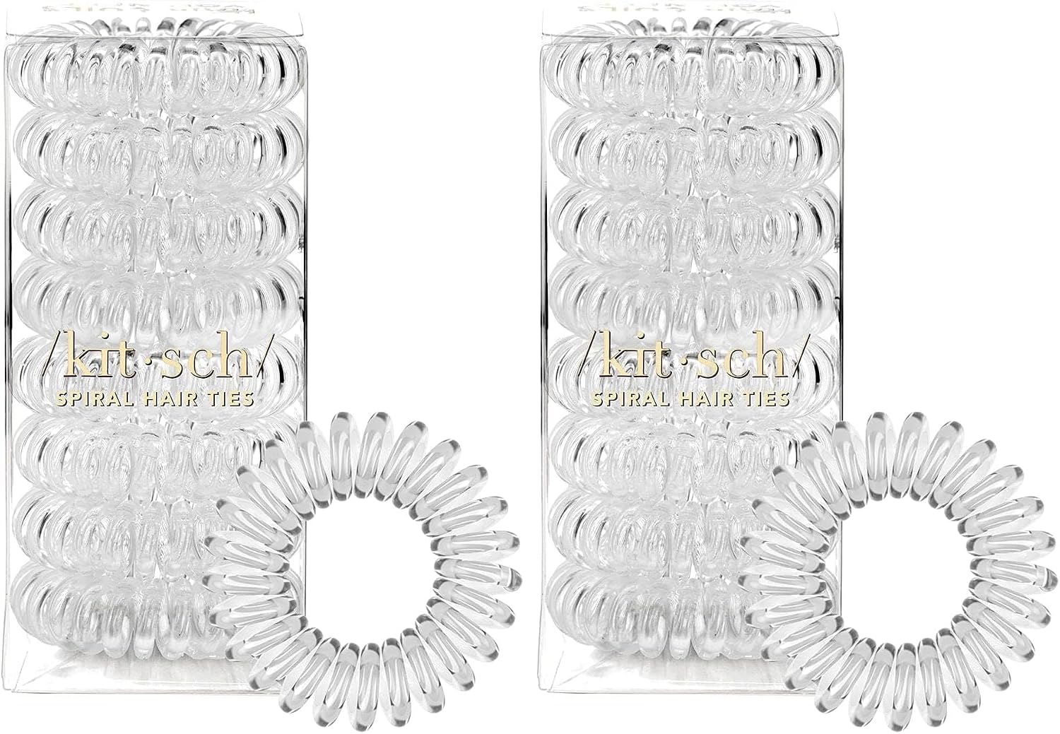 Clear spiral hair ties in branded packaging, showcasing a tangle-free design for secure hair styling