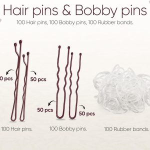 Hair pins and bobby pins set with 100 each, plus 100 rubber bands, displayed on a light background