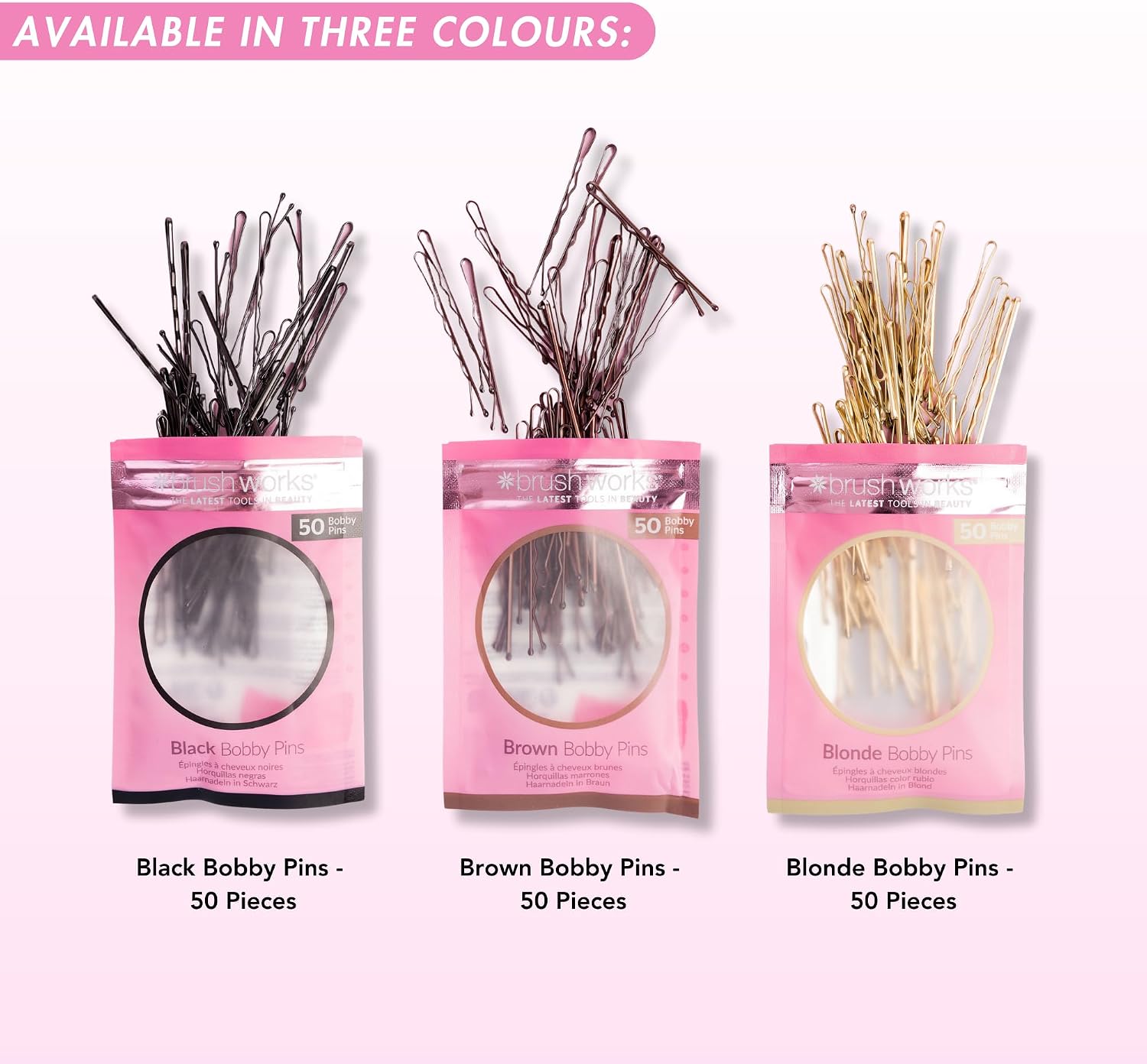 Three packs of Brushworks bobby pins: black, brown, and blonde, each containing 50 pieces, available on display