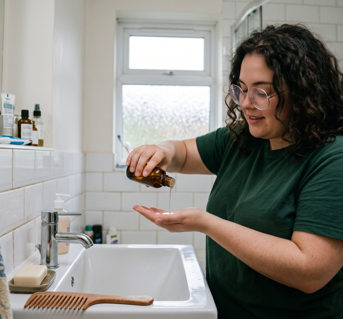 Woman in bathroom using skincare oil with products and towel visible on the sink