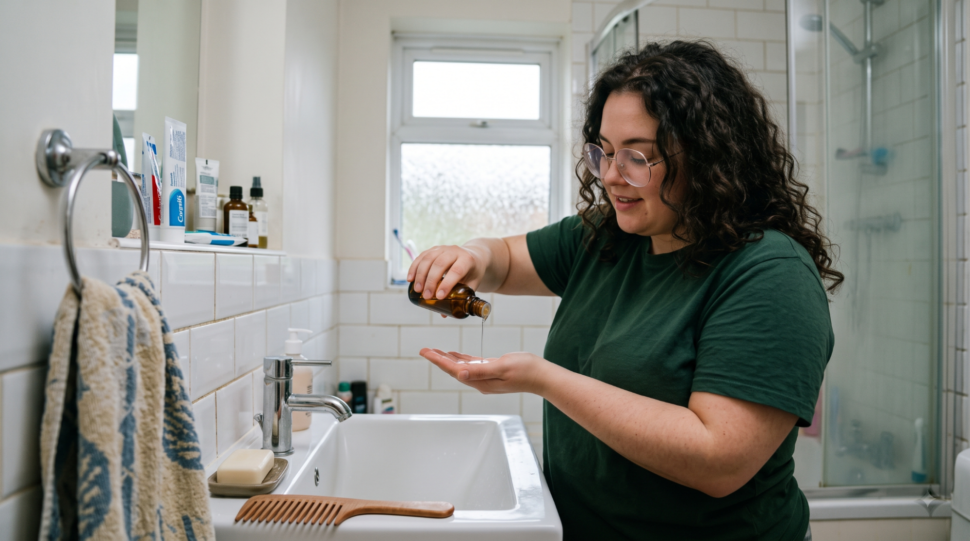 Woman in bathroom using skincare oil with products and towel visible on the sink