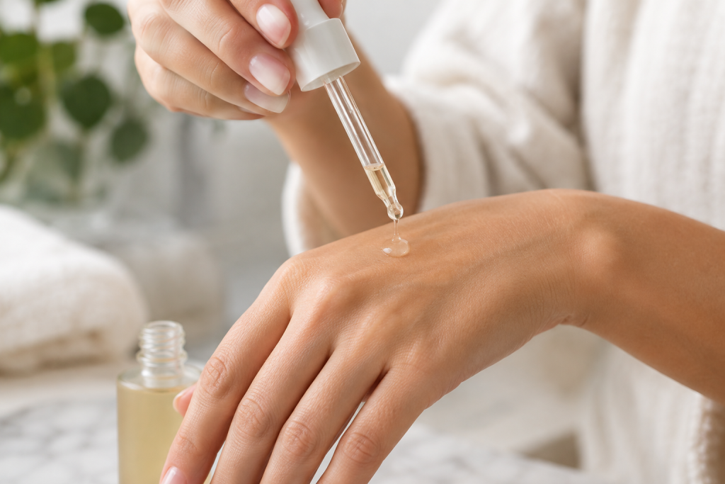 Applying skincare serum on hand with dropper for hydration and nourishment in skincare routine