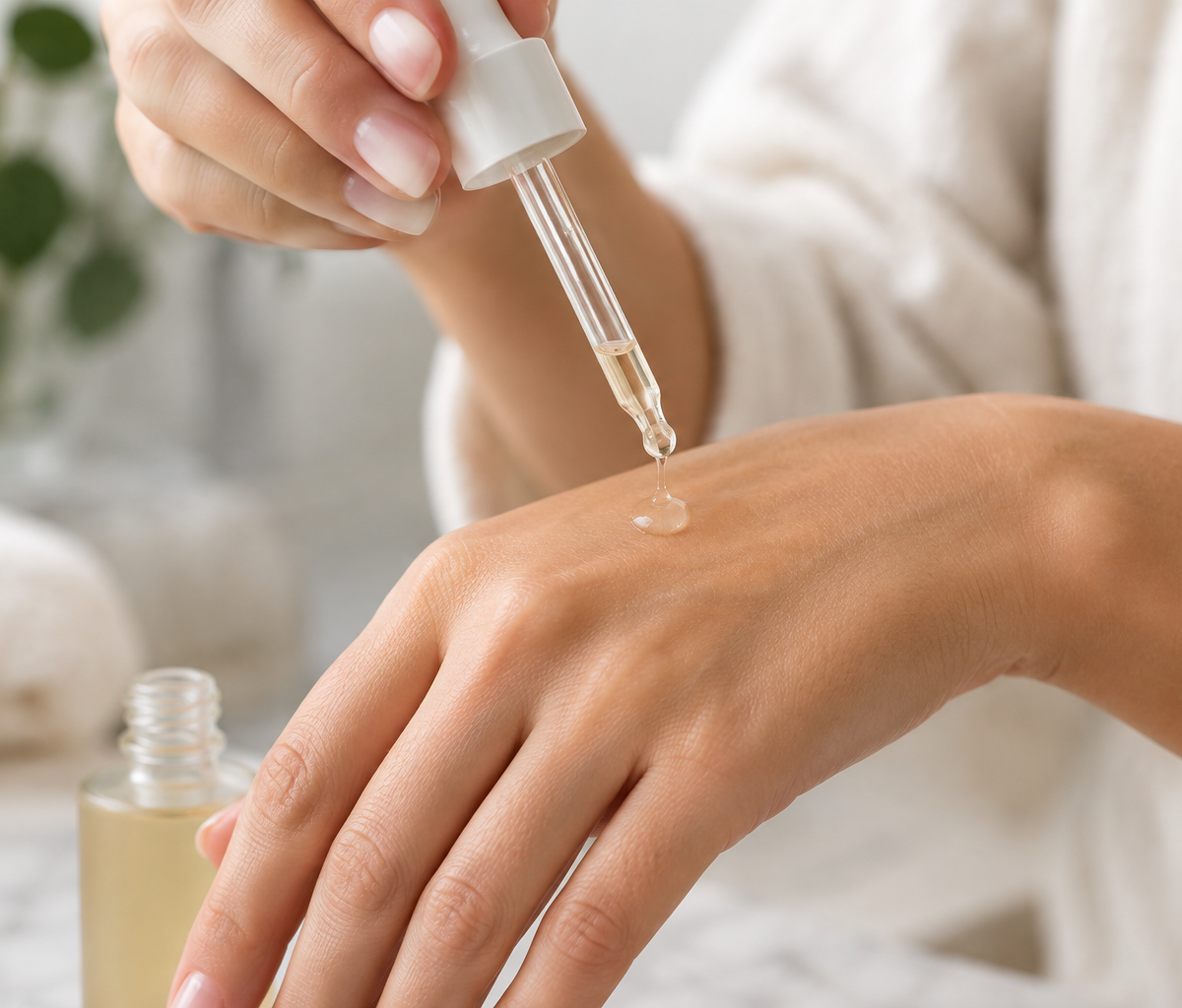 Applying skincare serum on hand with dropper for hydration and nourishment in skincare routine