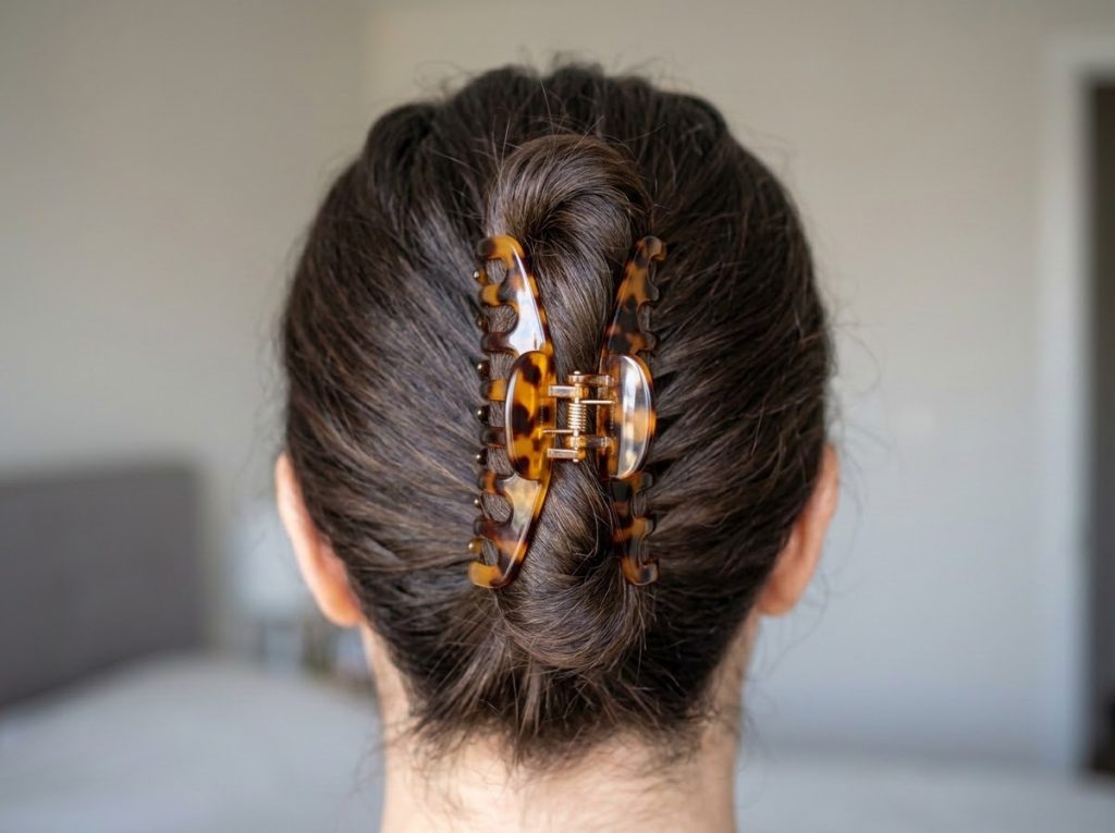 Hair styled in a twist secured by a tortoiseshell hair clip showing back view of glossy brunette hairstyle