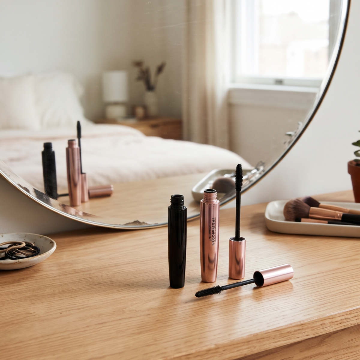 Vanity table with makeup brushes, mascara and mirror reflecting a bed in a cosy, minimalist bedroom setting