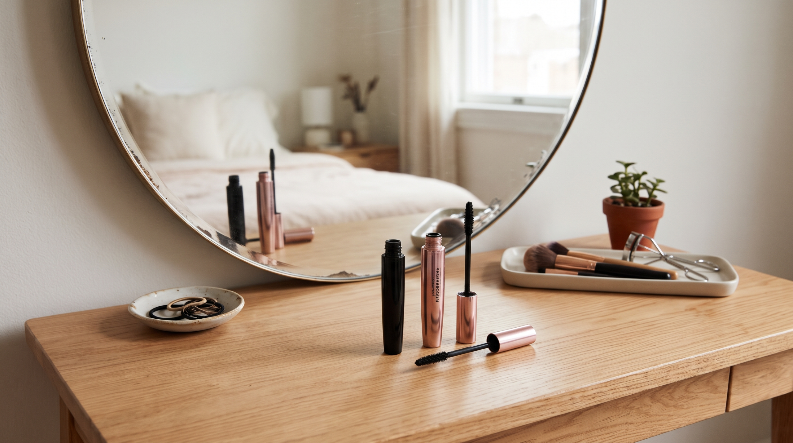 Vanity table with makeup brushes, mascara and mirror reflecting a bed in a cosy, minimalist bedroom setting