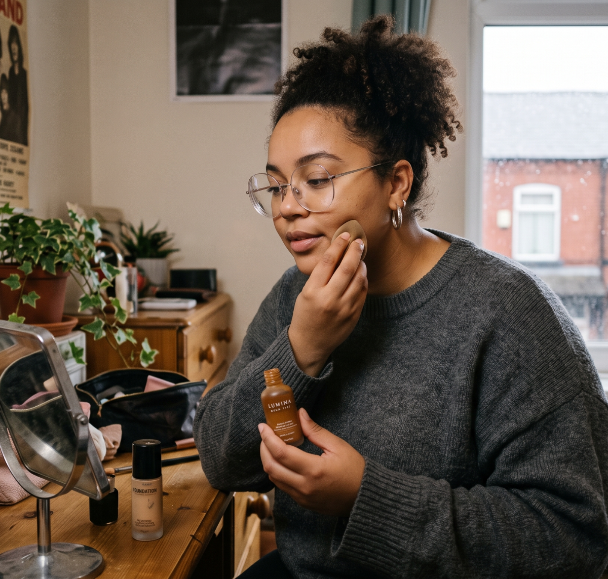 Woman applying foundation with a sponge in front of a mirror, makeup items on a wooden table, cosy bedroom setting