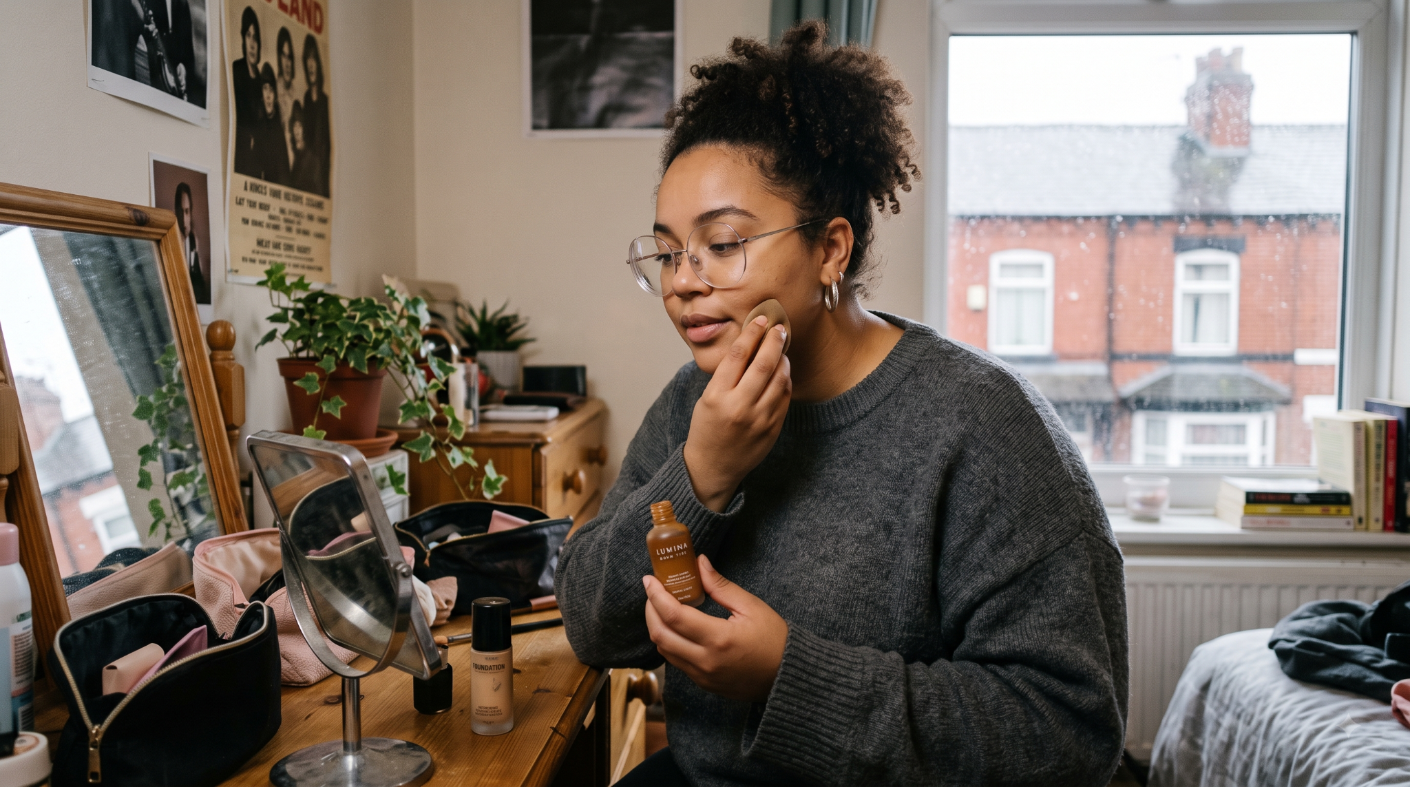 Woman applying foundation with a sponge in front of a mirror, makeup items on a wooden table, cosy bedroom setting