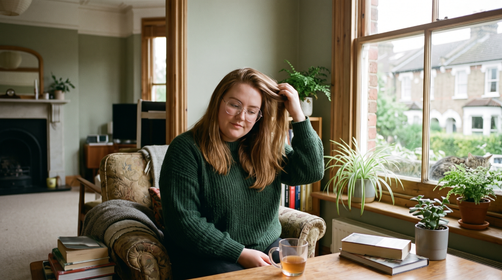 Woman in cosy living room applying hair products