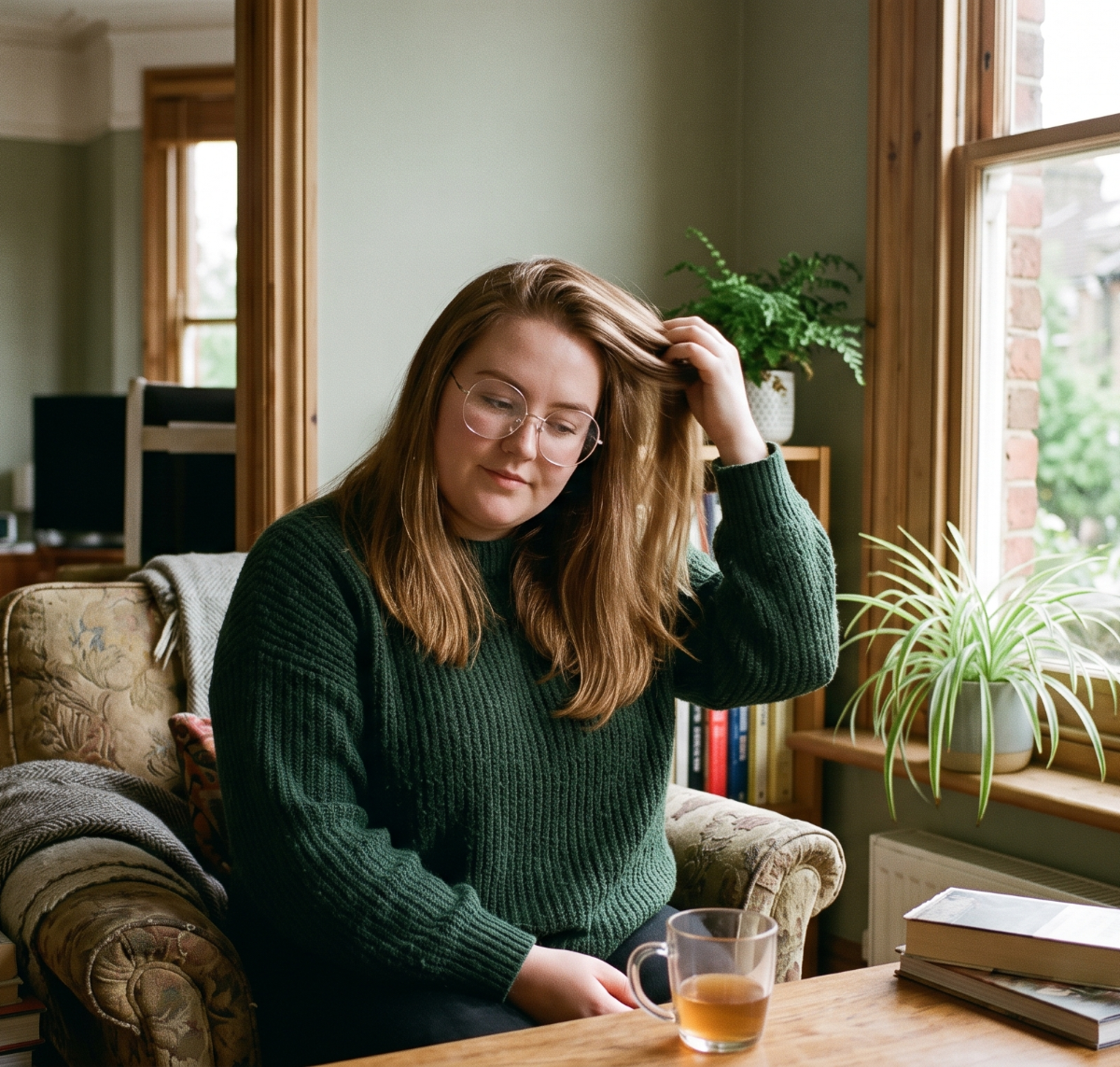 Woman in cosy living room applying hair products
